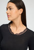 Close-up view of a women model wearing HA black wool L/SLV Shirt