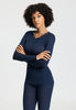 Front view of a women model wearing HA deep navy wool L/SLV Shirt