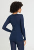 Back view of a women model wearing HA deep navy wool L/SLV Shirt