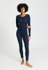 Full-body view of a women model wearing HA deep navy wool L/SLV Shirt
