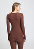 Back view of a women model wearing HA cinnamon wool L/SLV Shirt