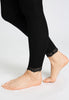 Close-up view of a women model wearing HA black wool Leggings