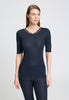 Front view of a women model wearing HA deep navy wool S/SLV Shirt