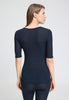 Back view of a women model wearing HA deep navy wool S/SLV Shirt