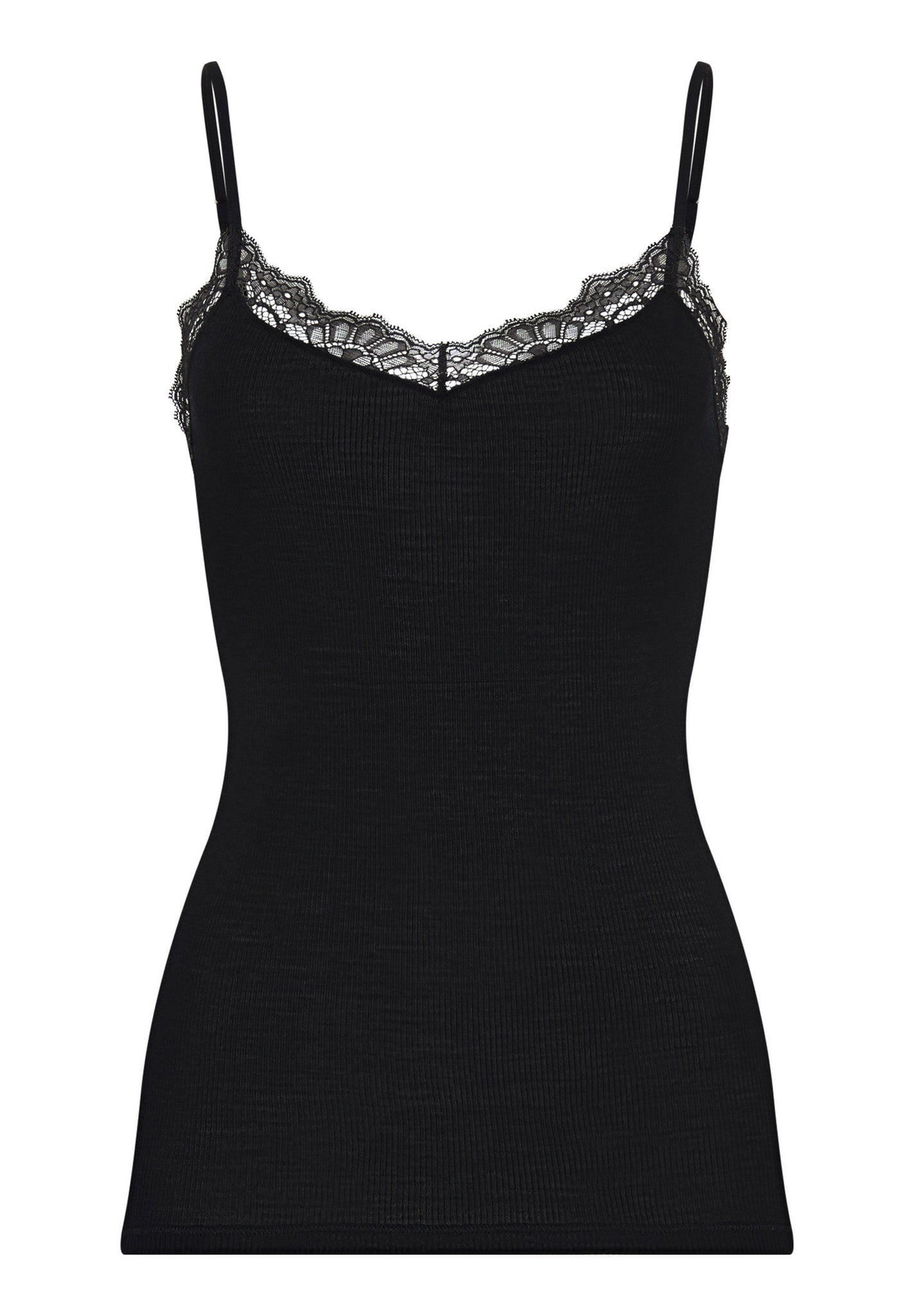Front cutout view of HA black wool Spaghetti Top