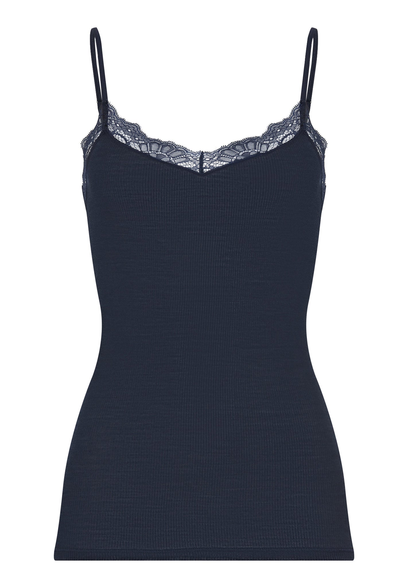 Front cutout view of HA deep navy wool Spaghetti Top