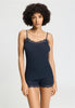 Front view of a women model wearing HA deep navy wool Spaghetti Top