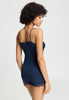 Back view of a women model wearing HA deep navy wool Spaghetti Top
