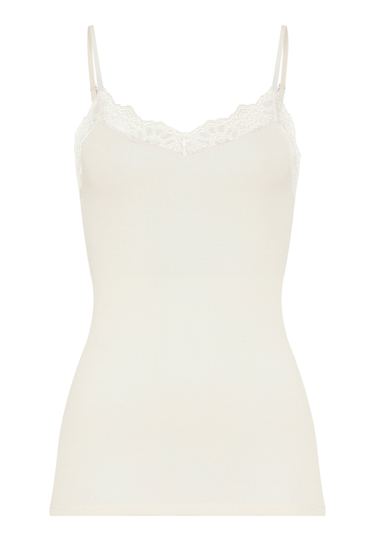 Front cutout view of HA misty white wool Spaghetti Top