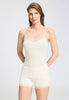 Front view of a women model wearing HA misty white wool Spaghetti Top