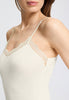 Close-up view of a women model wearing HA misty white wool Spaghetti Top
