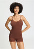 Front view of a women model wearing HA cinnamon wool Spaghetti Top