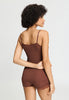 Back view of a women model wearing HA cinnamon wool Spaghetti Top