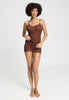 Full-body view of a women model wearing HA cinnamon wool Spaghetti Top