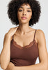 Close-up view of a women model wearing HA cinnamon wool Spaghetti Top