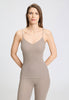 Front view of a women model wearing HA rose grey wool Spaghetti Top