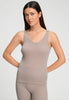 Front view of a women model wearing HA rose grey wool Tank Top